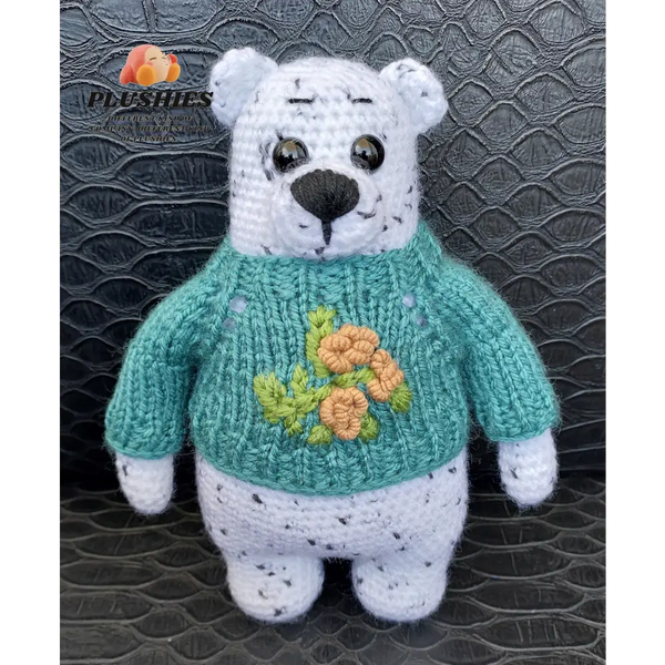 White teddy bear in green sweater from Bear Chub