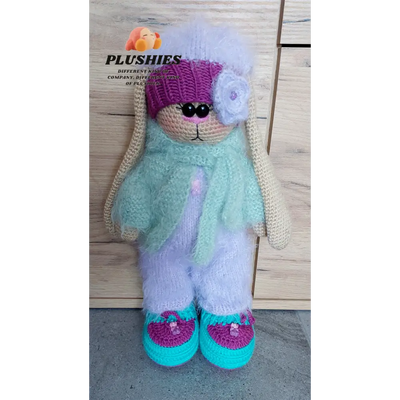 Bunny Minty plush toy in purple hat and blue pants