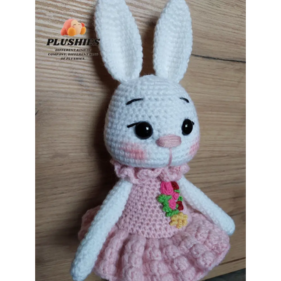 Crochet bunny wearing pink dress from Bunny Vali collection